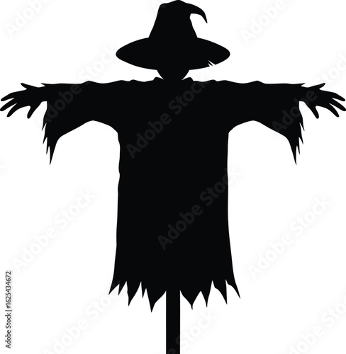 Spooky Scarecrow Silhouette with Witch Hat Isolated on White Background for Halloween Decoration or Illustration
