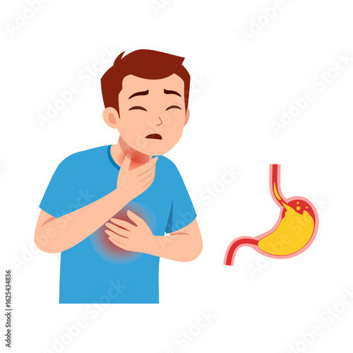 Young man experiencing throat pain and heartburn with visible stomach illustration beside him