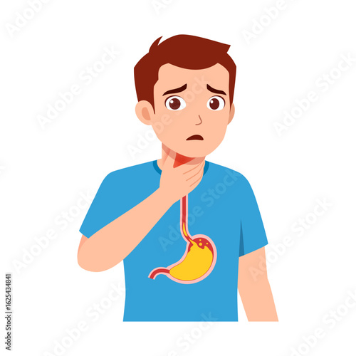 Young Man Holding His Neck Suffering From Acid Reflux with Concerned Facial Expression