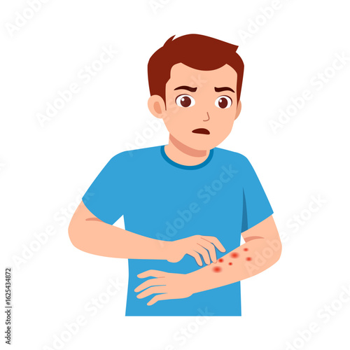 Young Man with Rash on Arm Looking Concerned in Illustration Style Graphic Design