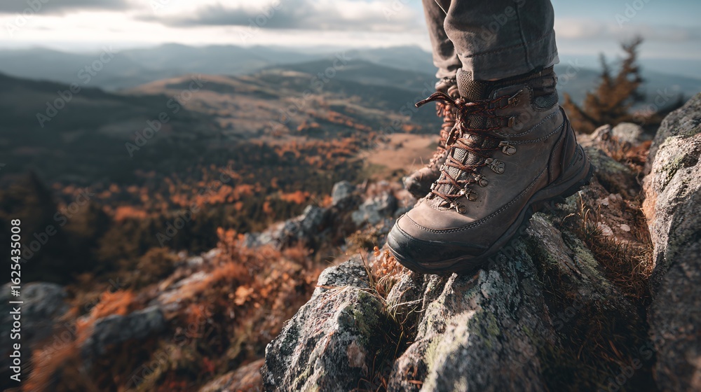 Adventure Hiking Shoes on Rocky Terrain in Scenic Landscape Adventure Hiking Shoes on Rocky Terrain in Scenic Landscape
