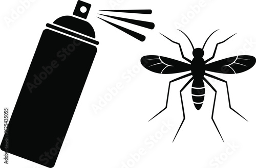 Black silhouette of an aerosol spray can emitting a stream of insecticide towards a mosquito silhouette