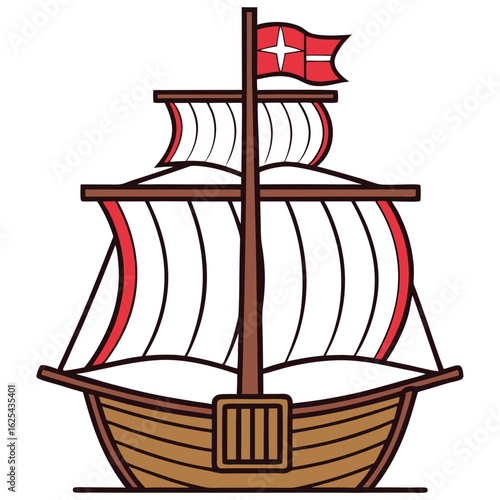 Cartoon wooden ship with sails and flag on the mast in red