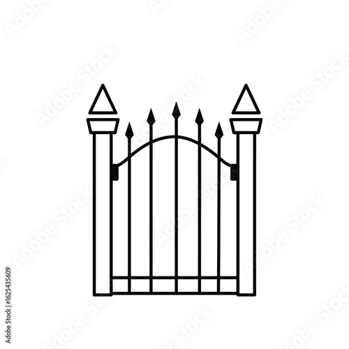 Detailed Black and White Vector Illustration of a Classic Wrought Iron Gate with Decorative Spikes and Pillars Design Element