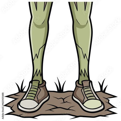 Zombie legs wearing sneakers stand on cracked earth with sparse vegetation