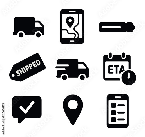Mobile Order Icons. olid, filled icons set of mobile order tracking: delivery icon, live map, status bar,