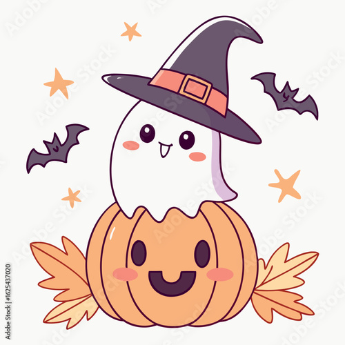 Cute ghost wearing witch hat sitting on pumpkin surrounded by stars and bats