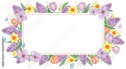 Photo of a delicate watercolor flower frame featuring lilacs, tulips, and daffodils with butterflies, perfect for spring designs isolated on transparent background
