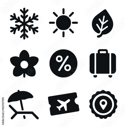 Seasonal Vacation Icons. olid, filled icons set of seasonal vacation ads: snowflake, sun, leaf, flower,