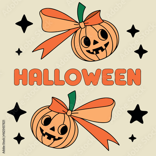 Two cute pumpkins wearing bows flank the word Halloween with scattered stars