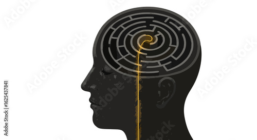 Silhouette of a head with a maze inside and a yellow line leading to the center of the maze design