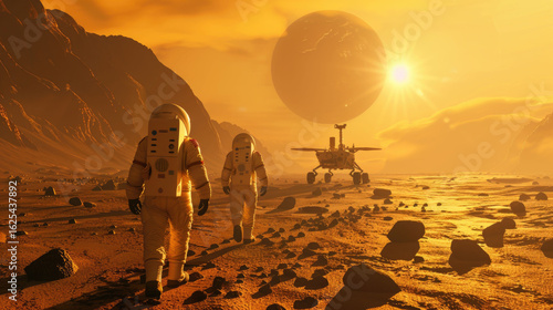 Astronaut observing a giant sun over alien desert horizon with warm orange glow