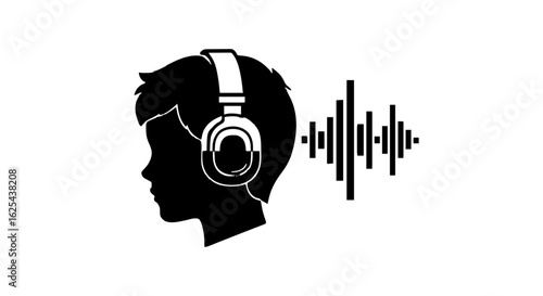 Silhouette of a person wearing headphones listening to sound waves in black and white illustration