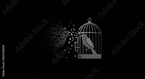 Bird in a cage with digital disintegration effect on a black background in grayscale illustration