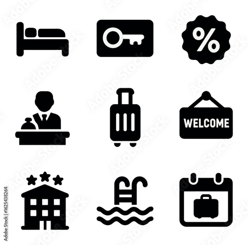 Hotel Icons Grid. olid, filled icons set of hotel & lodging offers: bed icon, keycard, discount percent, front
