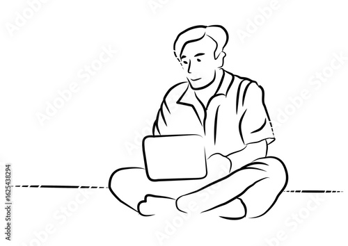 Man with laptop sitting on the floor. Hand drawn vector illustration.