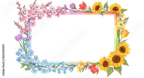 Photo of a vibrant watercolor flower frame featuring sunflowers, cherry blossoms, and tulips, perfect for adding a colorful touch isolated on transparent background