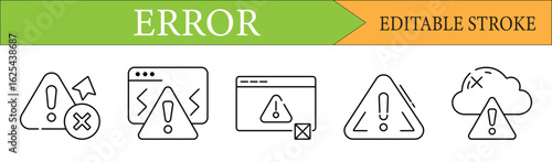 Error and System Failure Warning Line Icon Set with Editable Stroke
