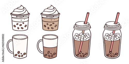 bubble tea beverage collection line art illustration with tapioca pearls straws and milk tea