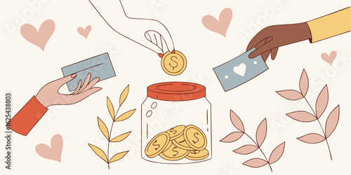 charitable giving donation jar illustration with diverse hands money hearts and autumn leaves