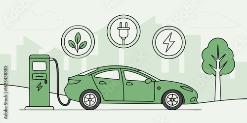 green electric vehicle charging station with eco icons leaf lightbulb lightning and tree
