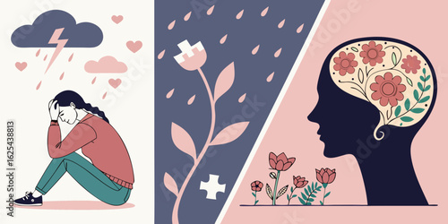 mental health depression to healing journey with storm clouds flowers and colorful brain illustration