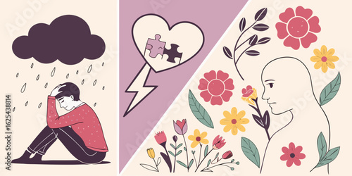 mental health emotional healing illustration with depression recovery and blooming flowers transformation