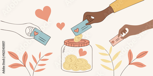 charity donation illustration with diverse hands putting money into glass jar with hearts and leaves
