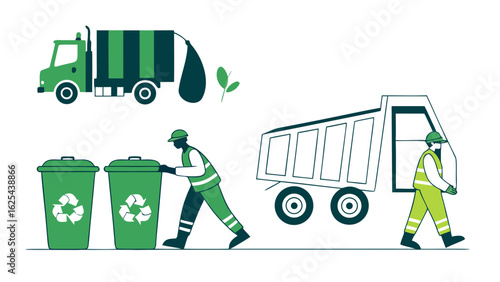 waste management recycling service with green trucks bins and sanitation workers in uniform isolated on white background.