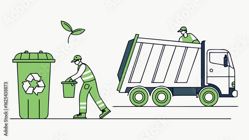 waste management recycling illustration with green bin worker and garbage truck with eco leaves