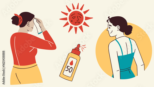 summer sun protection contrast showing woman covering face from sun and person with sunscreen bottle