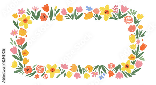 Photo of a cheerful watercolor floral frame isolated on transparent background features a mix of tulips and daffodils, perfect for adding a touch of spring to any design