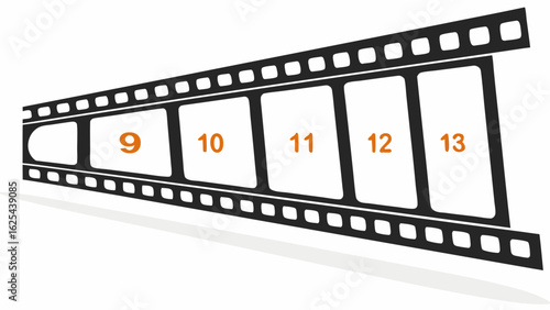 classic 35mm film strip with numbered frames and sprocket holes in perspective viewisolated on white background.