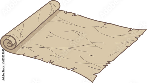 ancient parchment scroll with blank aged paper surface showing wrinkles and weathered texture isolated on white background.