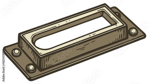 vintage brass bronze rectangular drawer pull handle with decorative ridged edges and screws isolated on white background.