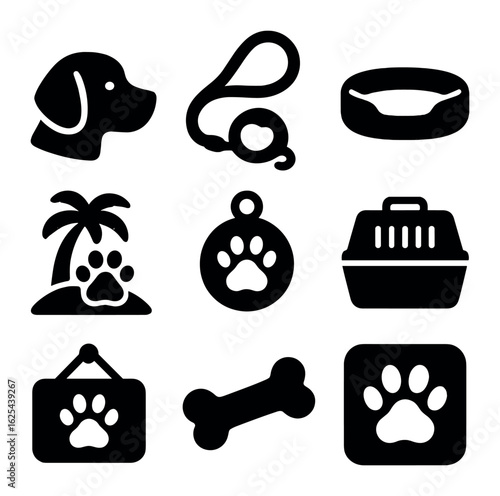 Pet-Friendly Icons Grid. olid, filled icons set of pet-friendly vacation ads: dog icon, leash, pet bed, beach