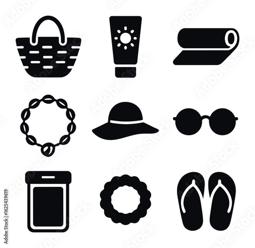 Beachwear Accessories Icons. olid, filled icons set of beachwear accessories: straw tote, sunscreen tube,