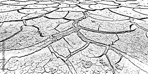 black and white Dry Cracked Earth Representing Drought and Arid Climate cracked surface with irregular shapes and dark lines forming patterns background or texture element.
