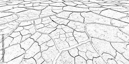 black and white Dry Cracked Earth Representing Drought and Arid Climate cracked surface with irregular shapes and dark lines forming patterns background or texture element.