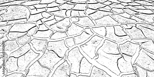 black and white Dry Cracked Earth Representing Drought and Arid Climate cracked surface with irregular shapes and dark lines forming patterns background or texture element.