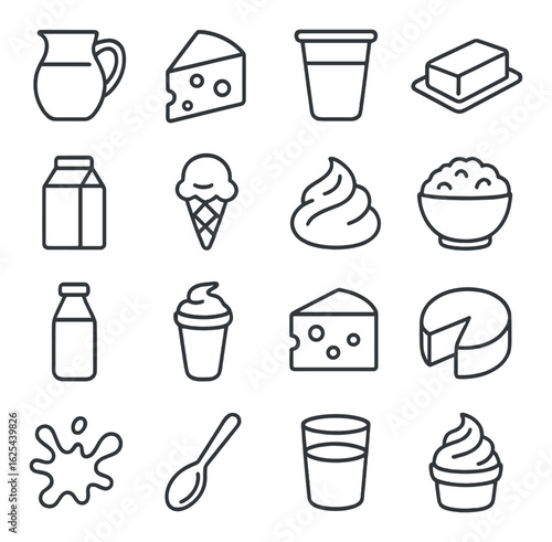 Dairy linear icon set. includes cheese, milk, yogurt, butter, cream, ice cream, bowl, drink, and more.