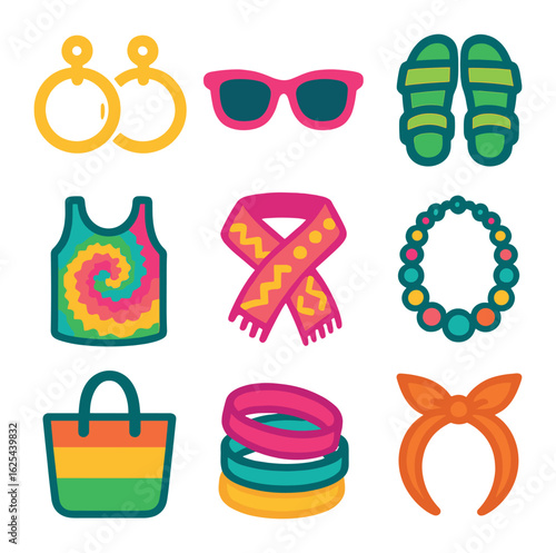 Colorful Summer Accessories. olid, filled icons set of colorful summer accessories: bold earrings, bright