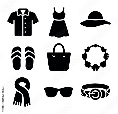 Resort Wear Icons. olid, filled icons set of resort wear: linen shirt, flowy dress, sunhat, sandals, tote bag,
