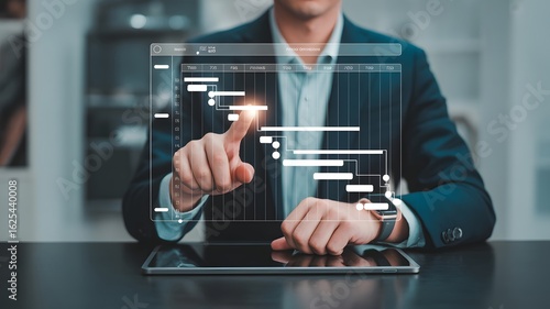Digital Strategy: A business person navigates a virtual timeline on a digital interface, signifying a strategic overview for project development.