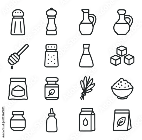 Food linear icon set. containing salt, pepper, oil, honey, sugar, herbs, vinegar, sauce, grains, spices, milk.