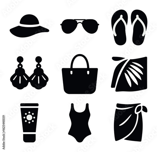 Seaside Accessories Icons. olid, filled icons set of seaside accessories: sunhat, aviator glasses, flip-flops,