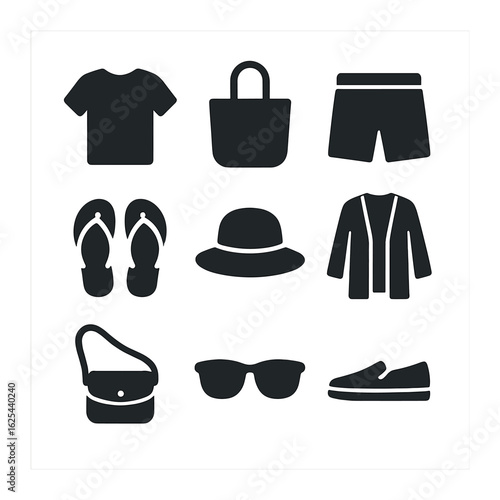 Minimalist Summer Icons. olid, filled icons set of minimalist summer wear: plain T-shirt, canvas tote, simple