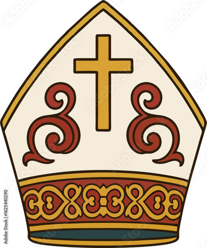 Minimalist Bishop Mitre Vector with Gold Cross and Ornamental Red Details – Catholic Clergy Hat Illustration