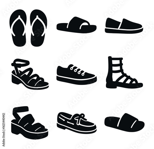 Summer Footwear Icons. olid, filled icons set of fashionable summer footwear: flip-flops, slides, espadrilles,