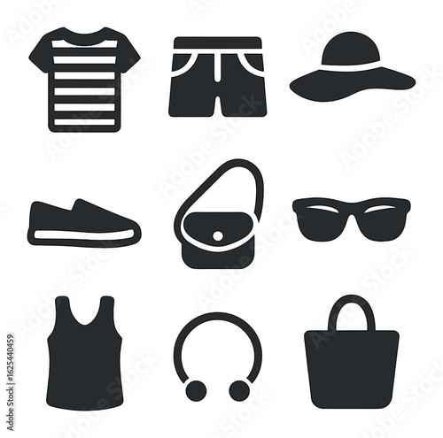 Casual Vacation Outfits Icons. olid, filled icons set of casual vacation outfits: striped tee, jean shorts,